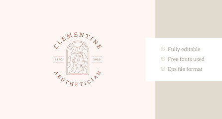 Beautiful woman with bright sun beam line art logo design template vector illustration. Gentle female portrait in antique frame circle linear logotype for beauty salon cosmetology cosmetic brand