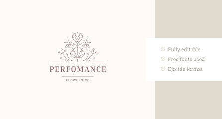 Fototapeta premium Natural flower bouquet minimalist line art logo design template vector illustration. Organic beautiful blossom floral botany linear logotype for beautician cosmetic cosmetology spa relax salon