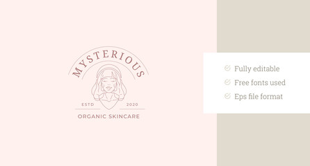 Gentle woman bust with hands elegant minimalist line art logo design template vector illustration. Beautiful glamour female portrait fashion linear logotype for spa wellness hairdresser salon
