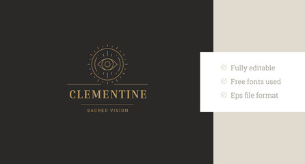 Sacred all seeing eye magic vision luxury line art logo design template vector illustration. Mythology sight esoteric golden minimalist linear logotype for beauty salon fashion stylist brand