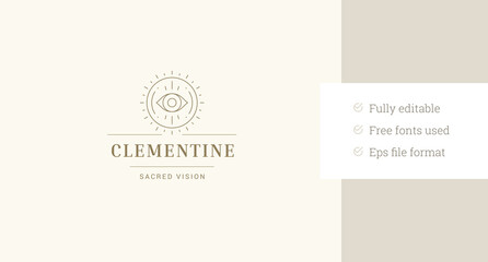 Obraz premium Esoteric all seeing eye line art logo design template for makeup artist vector illustration. Mythology sacred wisdom vision golden minimalist linear logotype for yoga spa wellness meditation