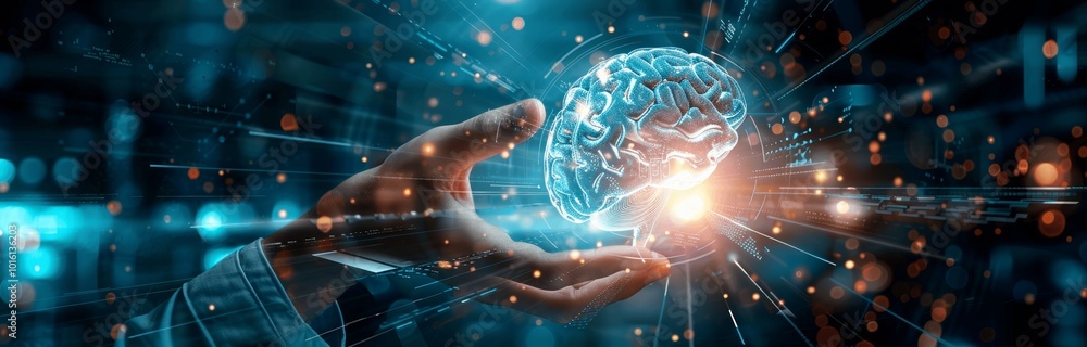 Poster ai machine learning human and robot hands digital brain network technology innovation future busines