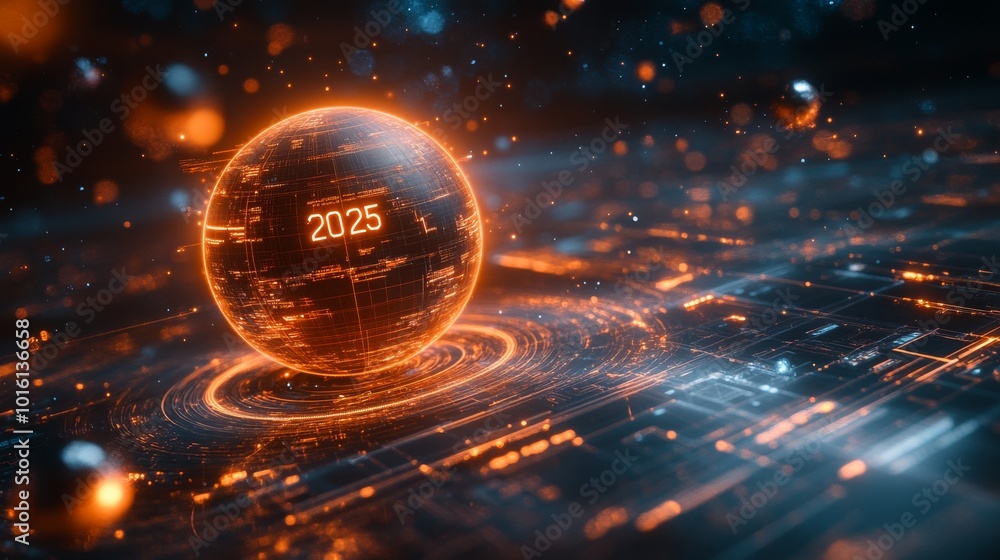 Poster quantum-inspired visualization of a glowing sphere representing the year 2025 in a digital world