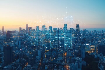 Obraz premium A city skyline is shown in a blue and white color scheme, with the buildings