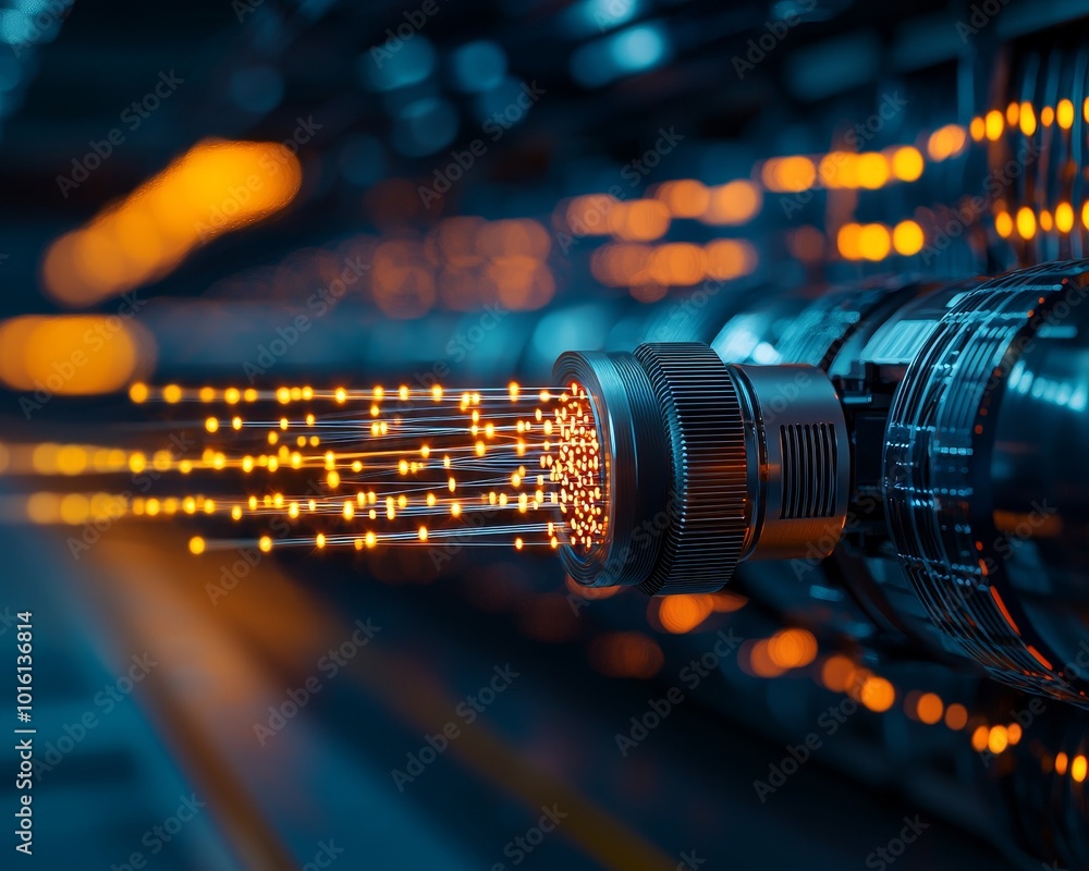 Poster abstract digital data flowing through a futuristic connector.
