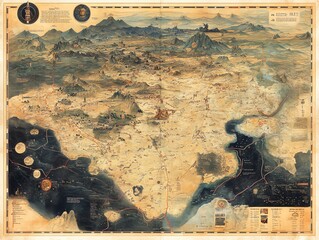 A detailed hand-drawn map of a fantasy world, with mountains, rivers, and forests.
