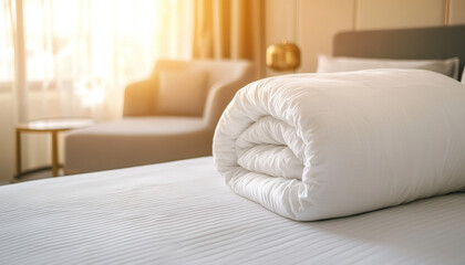 Fototapeta premium A neatly rolled white blanket on a bed, with a cozy armchair and soft lighting in the background, creating a serene atmosphere.