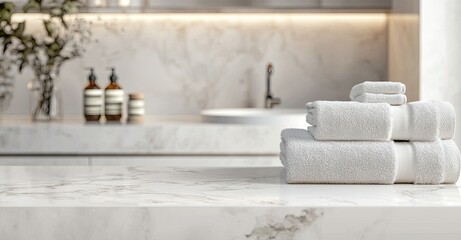 Neatly folded white towels on a marble countertop in a minimalist, luxurious bathroom with soft lighting and stylish decor