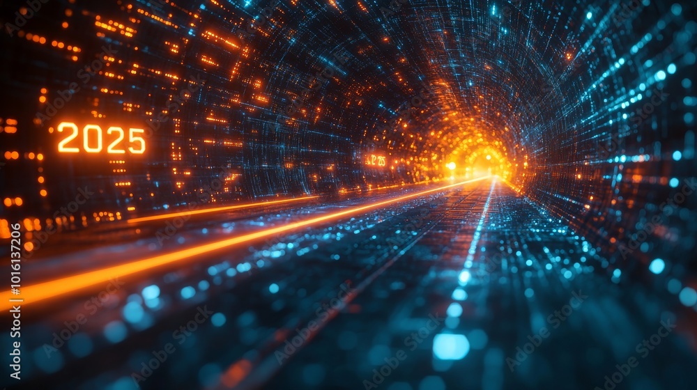 Poster a futuristic digital tunnel leading towards the year 2025 with glowing data streams and patterns