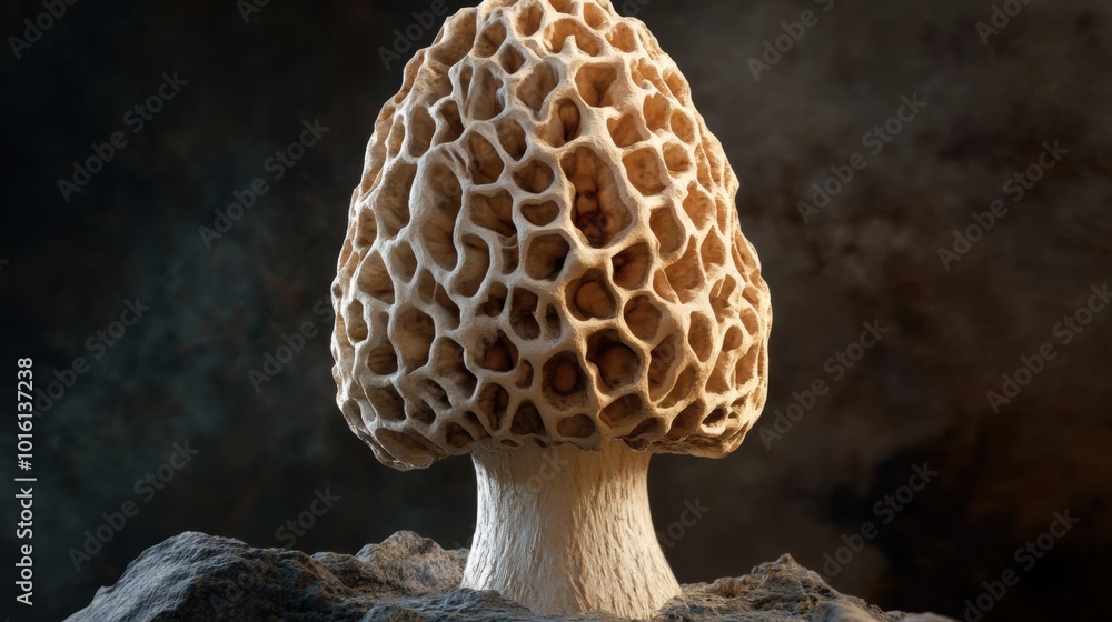 Poster textured morel mushroom displaying intricate patterns and earthy tones, showcasing its unique form a