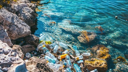 Plastic Pollution in the Ocean Near a Rocky Shore