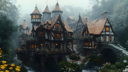 Obraz premium Enchanted Village in the Mist - 3D Illustration