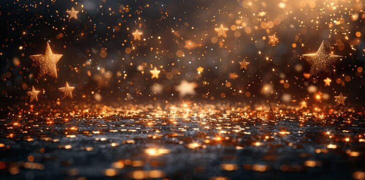 Graduation Ceremony Banner with Gold Stars and Black Curtain for Award Party and Stage Presentations