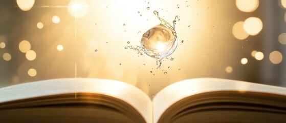 An illuminated open book with a glowing orb above it, surrounded by soft, shimmering lights, suggesting a sense of magic and knowledge.