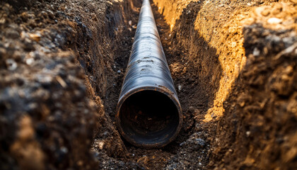 A black pipe lies in a trench, indicating construction or installation work for utilities.