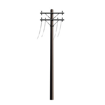 Black utility pole with wires, isolated on a white background.