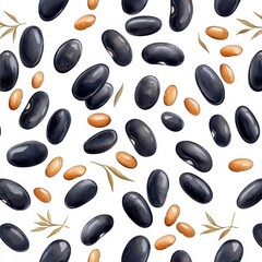 Watercolor seamless pattern of black beans, isolated on a white background.