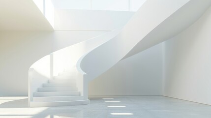 Obraz premium A pristine white, spiral staircase flooded with natural light reflects minimalist elegance and architectural innovation.