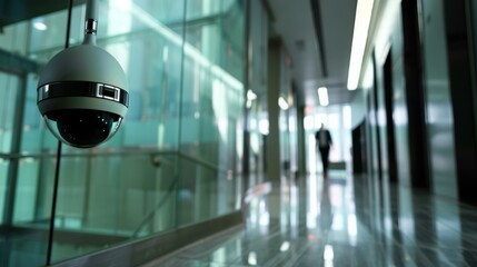 A sleek security camera watches over a reflective corridor, its glossy surface matching the modern architecture as a figure walks in the distance.