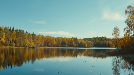 Fototapeta premium Tranquil waters of a reflective lake mirror the surrounding golden foliage, capturing the essence of a peaceful autumn day under a clear sky.