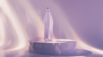A translucent bottle on a lavender stage, illuminated with ethereal pink hues, exuding purity and tranquility.