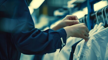 Close-up of hands adjusting shirts on hangers in a clothing store, capturing attention to detail and precision in a retail environment.