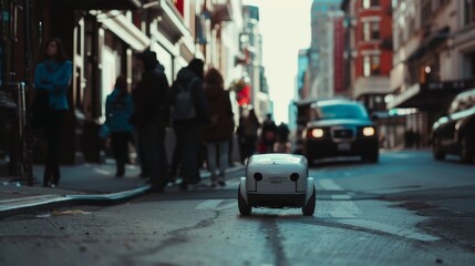 A delivery robot is seen from behind as it moves through an urban street, emphasizing technology amidst a busy life and towering city buildings.