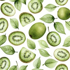 Fototapeta premium Watercolor seamless pattern of kiwi fruits, isolated on a white background.