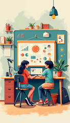 a poster of two children working on a computer with a chart showing a cartoon of a girl and a man 