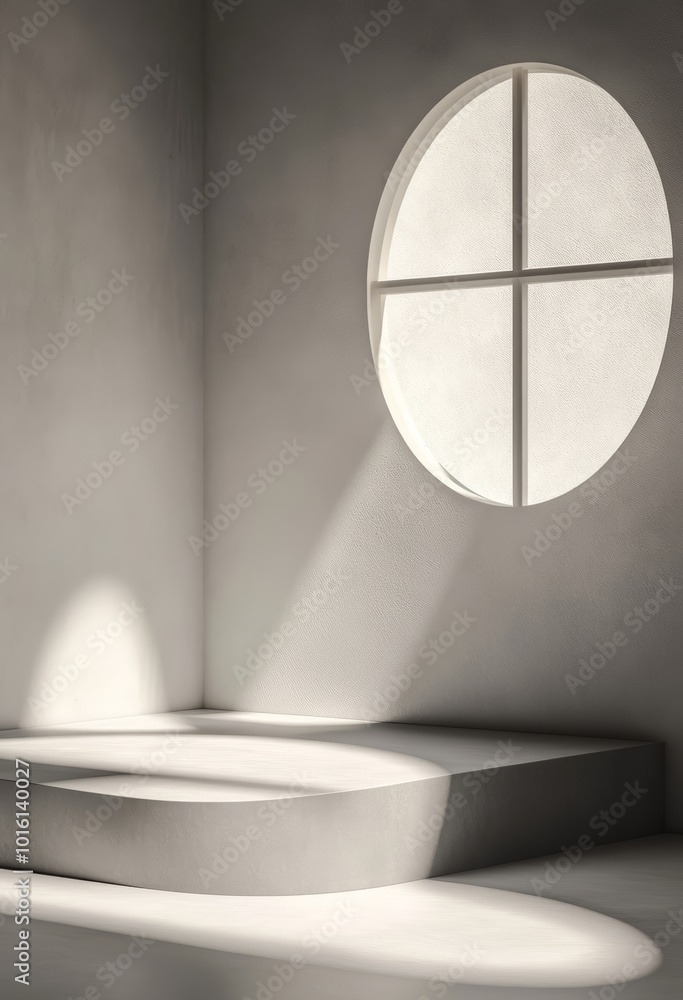 Poster minimalist gray interior with soft light illuminating a circular window and platform.