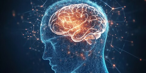 A digital illustration of a human brain with glowing connections, representing the complex nature of thought and information processing.