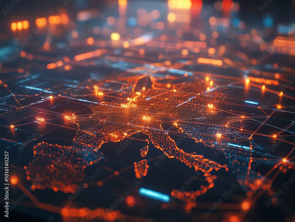 Aufkleber a digital map of europe with glowing nodes and lines, representing connectivity and technology.