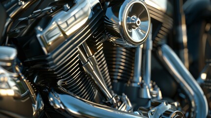 Fototapeta premium Gleaming chrome engine parts of a motorcycle, highlighting the intricate details, craftsmanship, and gleam of freshly polished machinery.