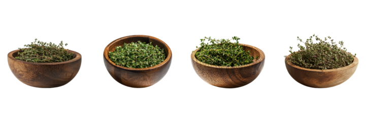 Fresh Thyme in Wooden Bowls on Blue Background.