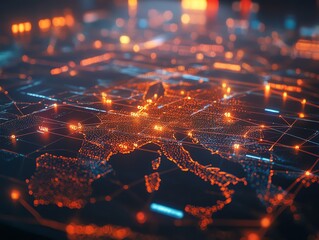 A digital map of Europe with glowing nodes and lines, representing connectivity and technology.