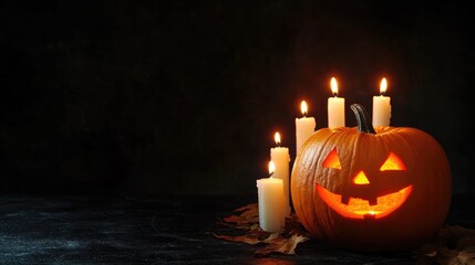 Halloween Pumpkin with Candles on Black Background