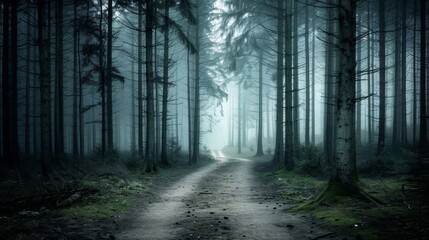 Fototapeta premium An enchanting forest trail bathed in mist, lined with towering, shadowy trees that evoke a mysterious and inviting air.