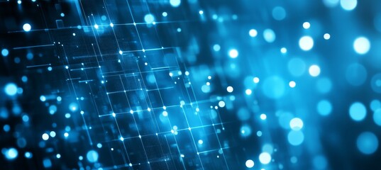 Abstract Blue Technology Background With Glowing Grid And Particles, Big Data Network Concept