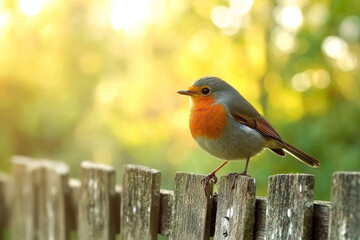 A vibrant bird perched on a wooden fence, surrounded by a soft, blurred green background illuminated by sunlight.