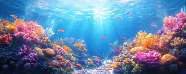 Naklejka premium Tilted angle view, vibrant coral reef flourishing, marine life thriving amidst human protection efforts