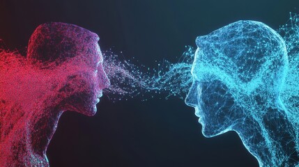 A visual representation of two human figures made of particles, exchanging energy or ideas in a vibrant, digital format.