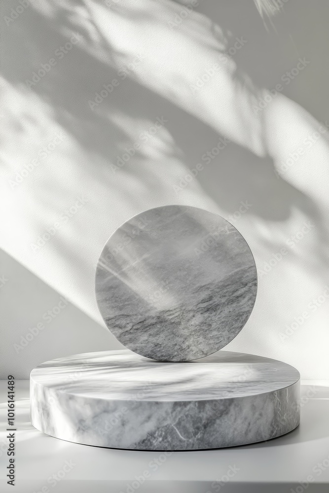 Poster abstract composition with round marble shapes casting delicate shadows.