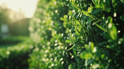 Sunlight gently illuminates vibrant greenery in a lush hedge, capturing the essence of nature's glow in a peaceful garden setting.