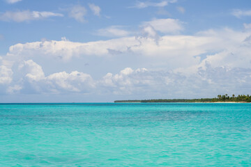 Obraz premium Landscape of Saona Island. Caribbean Sea with clear turquoise ocean, blue sky, clouds and green palms.Dominican Republic