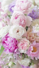 Pink, White, and Purple Wedding Floral Arrangement, Romantic Bouquet with Peonies and Roses