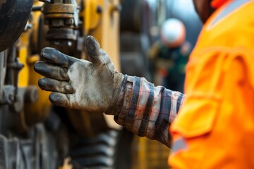 A worker in protective orange gear inspects machinery closely, showcasing dedication, competence, and careful observation in industrial repair environments.