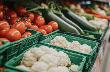 Fresh vegetables in green baskets at a market with vibrant tomatoes and zucchinis.