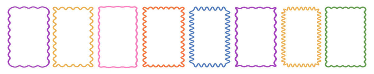 Cloudy wave curve edge frame vector set black color wavy scalloped doodle drawn style for decoration, funky zigzag