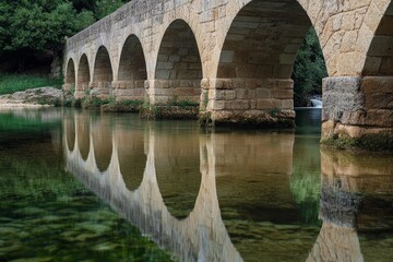 Obraz premium The image captures an ancient arched stone bridge beautifully reflected in calm waters of a river, with surrounding lush greenery adding to the serene ambiance.