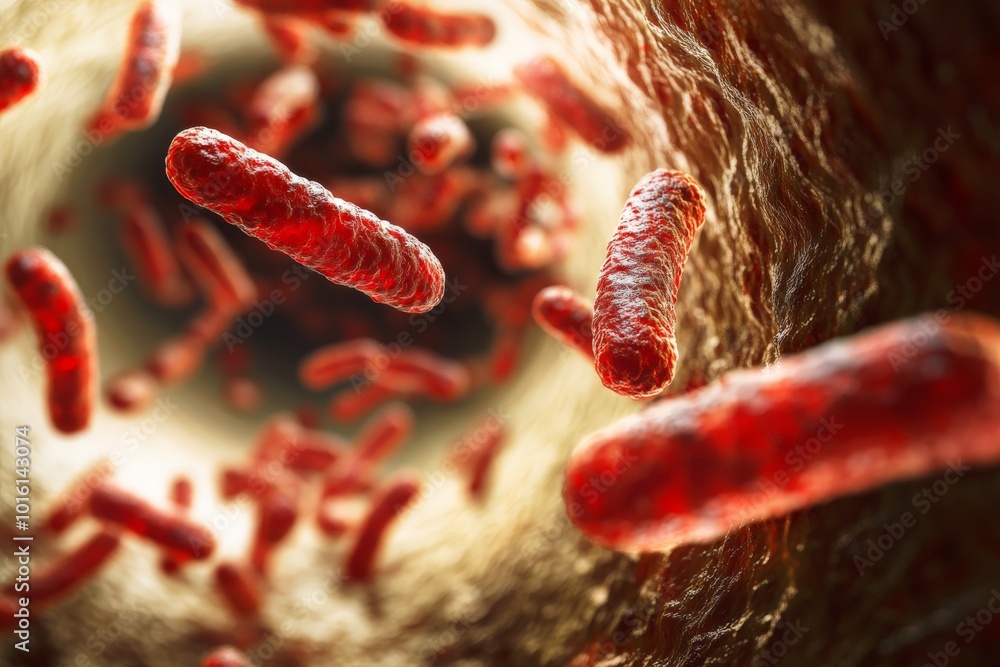 Poster This image shows a magnified view of red bacteria floating through a textured, organic environment, emphasizing their shape and movement. It's a dynamic and detailed depiction.